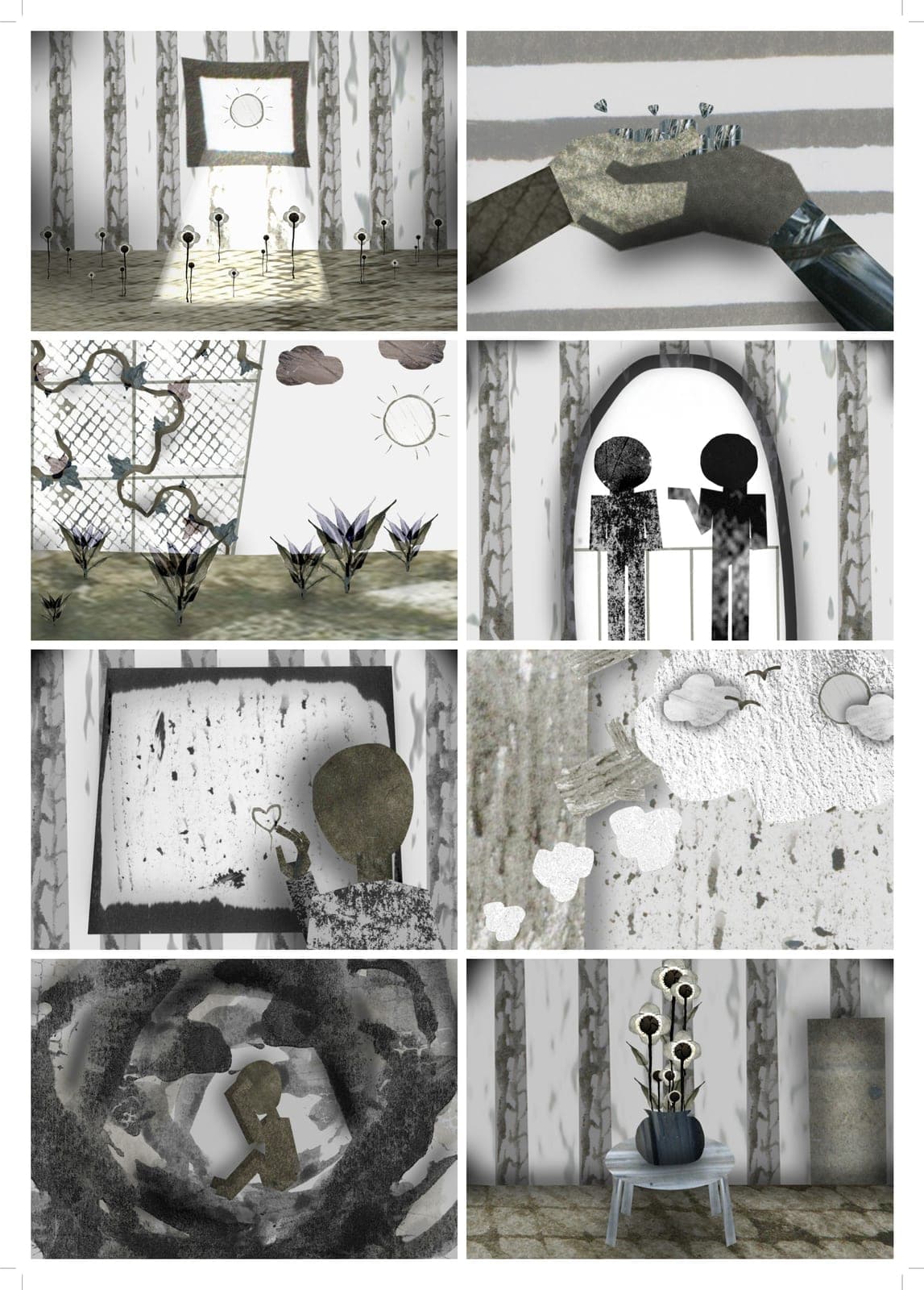 Surrealist 3D render contact sheet